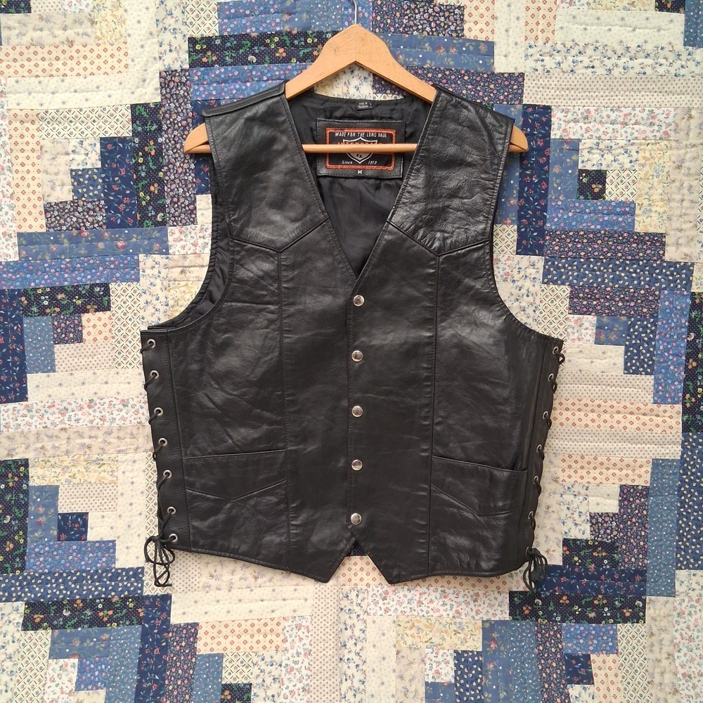 Interstate Leather Vest Mens Medium Black Motorcycle Biker Side Lace Snap Button